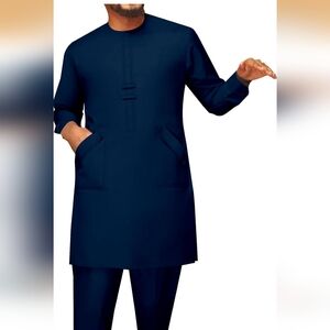 Mens Navy Blue2 Pc. Set African Suit Full Sleeve Dashiki Long Shirt and Pants